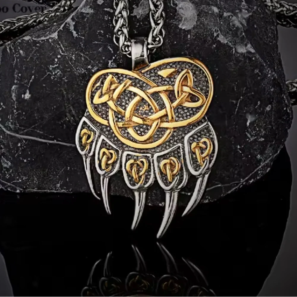 18K White & Gold Bear Claw Viking Celtic Pendant Necklace Witch Biker Unisex.